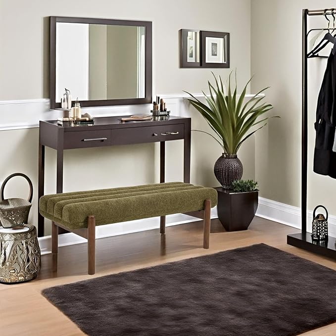 Green Upholstered Bench Modern End of Bed Bench Chenille Fabric Bedroom Bench for Entryway Living Room Vanity Makeup Room, 47" Long, Wooden Legs