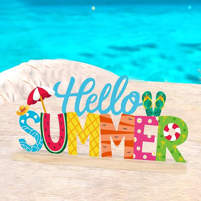 COCHIE Metal Hello Summer Sign, Summer Decorations for Home, Office, Shelf, Mantel, Indoor, Beach Slippers Tabletop Centerpiece Decoration, Watermelon Red Decor (Beach)