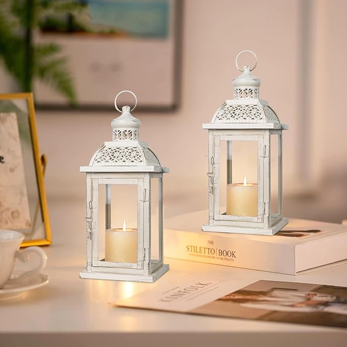 DECORKEY Lantern Decorative Indoor&Outdoor, 2 Pack 14.4'' Large Metal Candle Lanterns, Vintage Hanging Candle Holders for Farmhouse Wedding Front Porch Patio, Halloween Christmas Decorations for Home