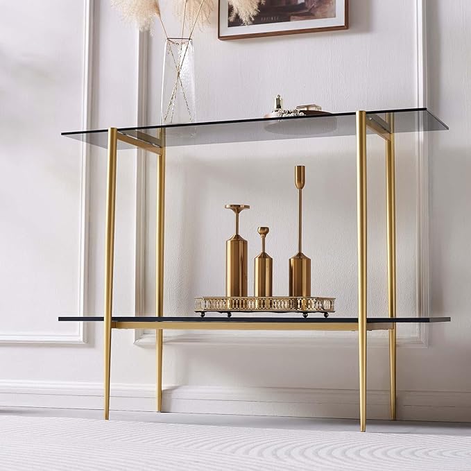 Glass Console Table for Living Room, Foyer & Entrance, 2-Tiers Mid-Century Modern Sofa Table with Grey Glass Top, Black Marble Finish Wood Shelf and Gold Finish Frame
