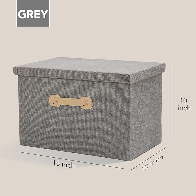 Enzk&Unity Decorative Storage Boxes with Lids, 3 Pack Grey Fabric Storage Bins with Handle, Foldbale and Stackable Storage Boxes for Shelf, Closet, Bedroom, Living Room