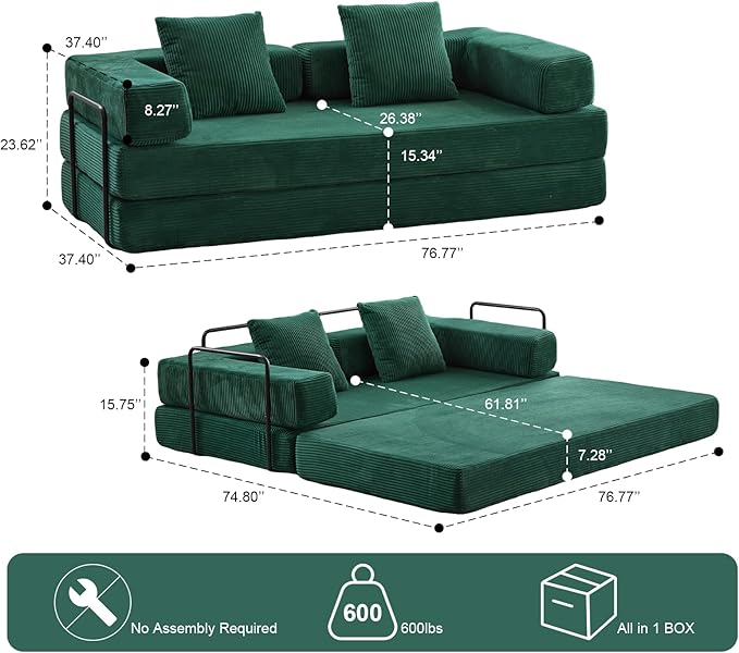 Convertible Sleeper Sofa Bed, Compression Folding Sofa with Pillow, No Assembly Required, Shape Frame, Floor Sofas Lounge Couch for Living Room, Bedroom, Small Spaces(Corduroy, 77''W, Dark Green)