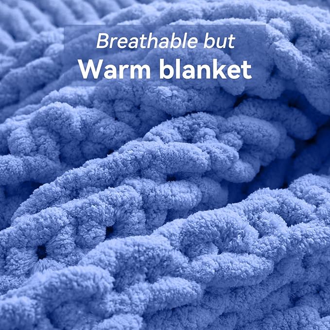 Chunky Knit Throw Blanket, 40''*50'' Knitted Throw Chenille Yarn for Bed Couch, Handmade Light Blue Crochet Big Thick Blanket, Machine Washable Cute Comfy Blanket for Home Decor