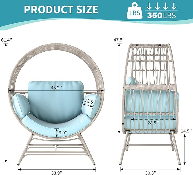 Egg Chair Outdoor Indoor, Oversized Rattan Chair with Thicken Cushion, 350LBS Capacity Wicker Patio Lounge Chair, Basket Chair for Living Room Balcony Porch Backyard, Blue