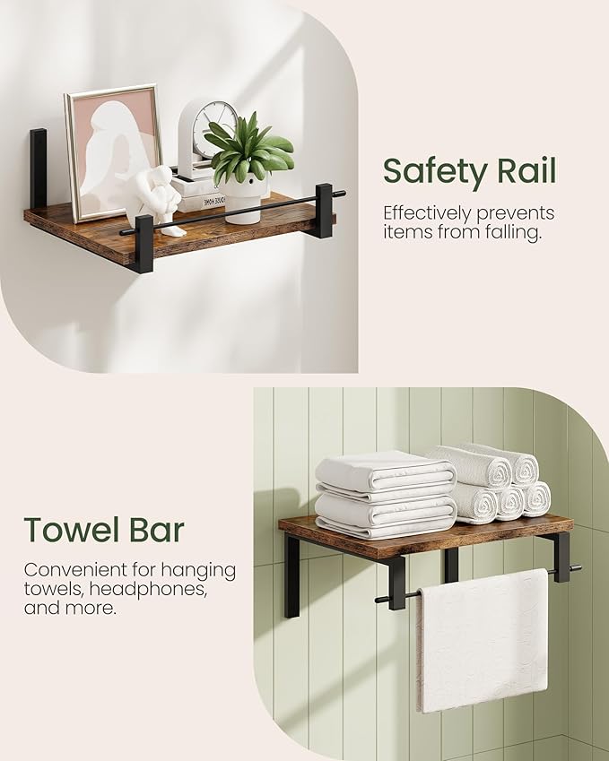 Deep Floating Shelves for Wall, 12 inch Wall Mounted Shelves Set of 2, Wide Floating Shelves for Living Room, Bedroom, Study, Bathroom, Rustic Brown and Black TBJ02P2BF