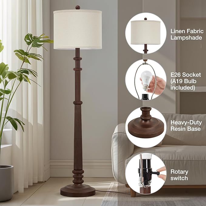 Floor Lamps for Living Room - 60" Resin Farmhouse Floor Lamp with 3 Color Temperatures - Vintage Standing Lamp Reading Light with Linen Shade Tall Lamp for Bedroom Office, Reddish Brown