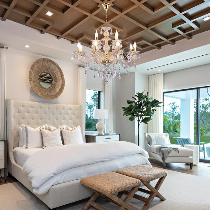 Contemporary Crystal Chandelier 12 Lights Clear Crystal Ceiling Lights for Living Room，E12 Base Double Layered Pendant Light Fixture for Dining Room Staircase, Hallway