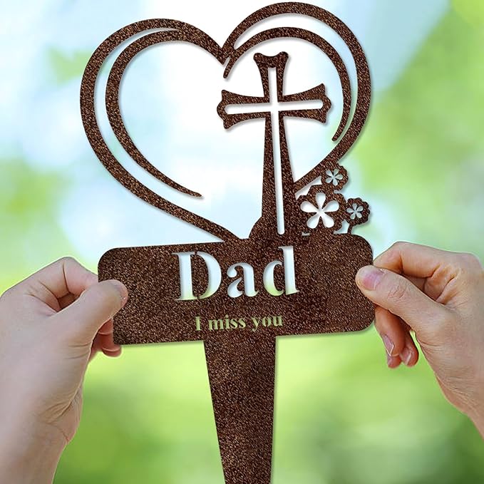 Dad Memorial Grave Stake, Cemetery Decorations for Grave Markers 12.5 x 7.2 inch Heart Metal Sympathy Stakes Graveside Plaque Decor Sign for Father Graves, Yard, Garden - Rust-Dad