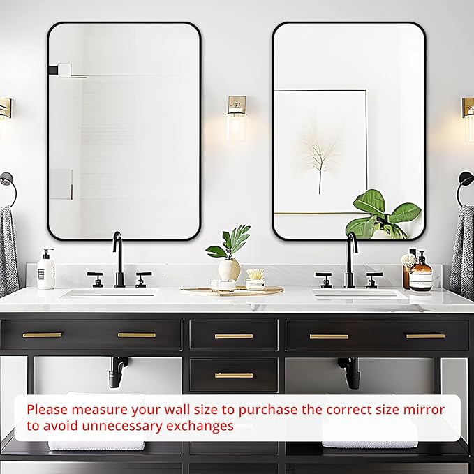 Fabuday Black Wall Mirror for Bathroom Over Sink - 20x30 Matte Metal Framed Rectangle Mirror, Rounded Rectangular Vanity Mirrors for Living Room, Bedroom, Entryway, Hallway, Horizontally/Vertically