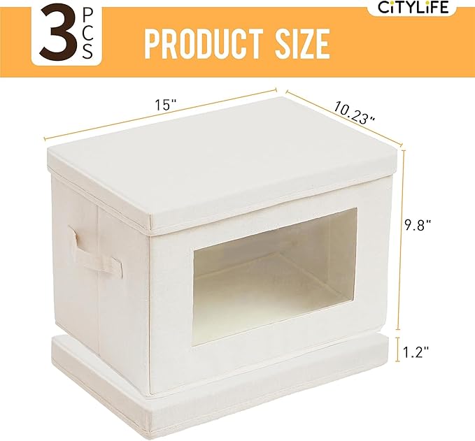 Citylife 3 Pack Storage Bins with Lids, Fabric Foldable Storage Bins with Soft Cord Handles, Canvas Storage Bin with Lid for Organizing Clothes, Blankets and Books, Beige