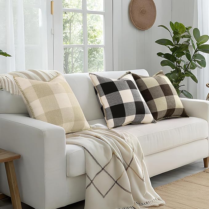 decorUhome Buffalo Plaid Check Throw Pillow Covers 18x18 Set of 2, Outdoor Decorative Farmhouse Neutral Pillow Covers with Stitched Edge for Bed Couch Sofa, Black and White