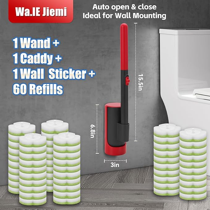 Disposable Toilet Brush Cleaning System with Wand Cleaner Refills,Toilet Cleaning Stick,Wall Mounted Toilet Wand Kit,60 Disposable Toilet Bowl Brush for Sink Bathtub Wash Basin (Green)