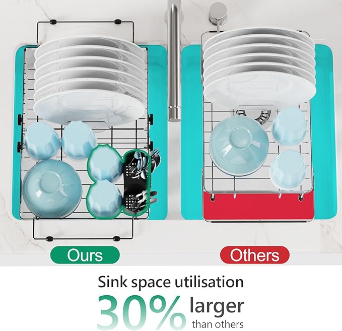 GSlife Stainless Steel Dish Drying Rack - Capacity Expandable in Sink Dish Drainer with Silicone Mat, Over Sink Dish Rack with Utensil Holder for Kitchen Counter, Large Capacity, Silver