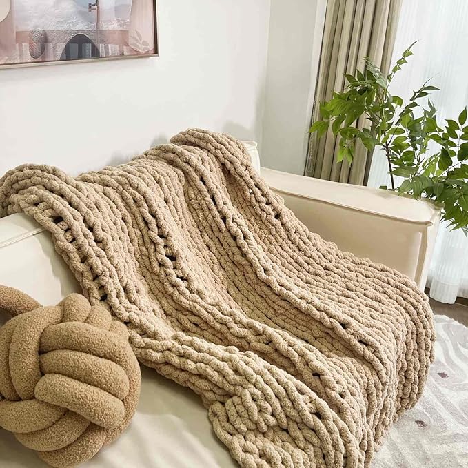 Chunky Knit Blanket Throw 40"x60", Chenille Throw Blankets, Handmade Warm & Cozy Blanket Couch Bed Home Decor, Soft Breathable Fleece Banket, Christmas for Couch Bed Sofa Best Gift (Tan)