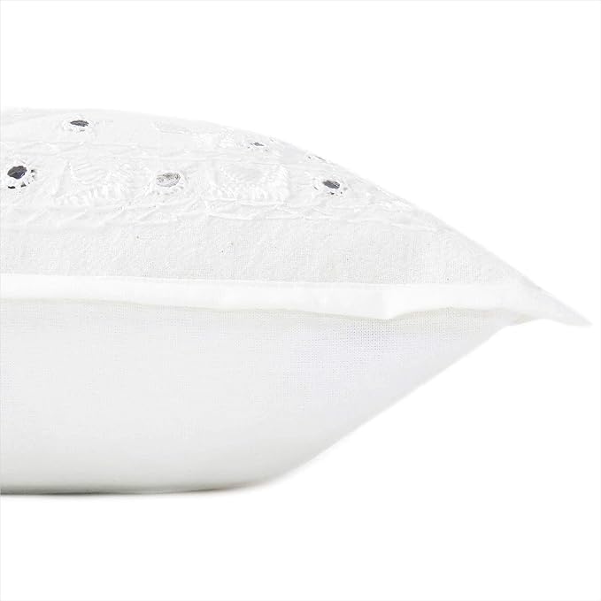 Eyes of India Embroidered Decorative Boho Throw Pillow Cover with Mirrors, Handmade Bohemian Accent Cushion Case for Sofa Couch Bedroom Living Room (White, 16" x 16")