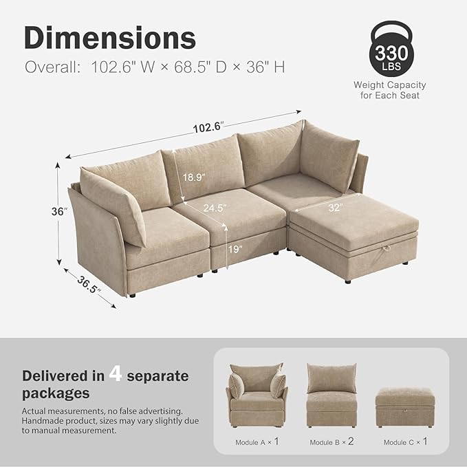 102.6" Modular Sectional Sofa, L Shaped Couch Set for Living Room, 3-Seater Comfy Cloud Couches with Movable Storage Ottoman,DIY Combination - Chenille Beige