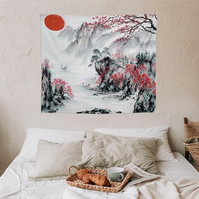 Cherry Blossoms Tapestry,Japanese Red Landscape Asian Watercolor Abstract Art Tapestry, Asian Japanese Wall Tapestry, Nature Landscape Tapestries for Bedroom Living Room Decor 60"x50"
