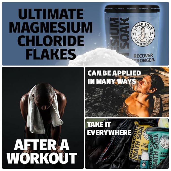 Coach Soak Recovery Bath Soak - Alternative to Epsom Salt Bath Soak - Fast-Absorbing Pure Magnesium Flakes with 21 Minerals, Bath Salts & Essential Oils - 3 lb (1 Pack) - Unscented