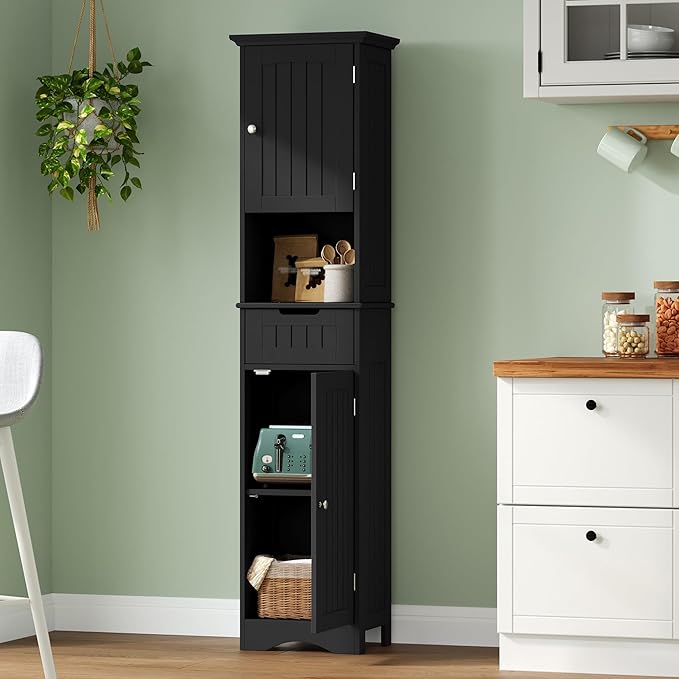 ChooChoo 67" Tall Bathroom Storage Cabinet Freestanding with Adjustable Shelves, Narrow Storage Linen Cabinet with 2 Doors and 1 Drawers for Bathroom, Living Room, Kitchen, Black