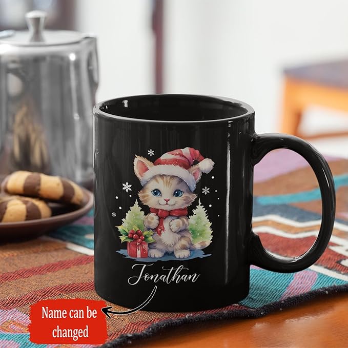 Cute Christmas Cat Cup, Customized Animal Coffee Mug, Gift For Birthday, Personalized Animal Lover Black Cup 11oz 15oz, Custom Xmas Cat Design Mug For Girl