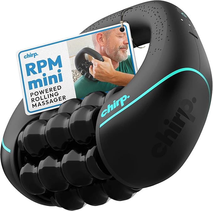 Chirp RPM Mini - Rolling Percussive Massager, Percussive Therapy, Whole Body Relief, Deep Tissue and Muscle Recovery, Percussion Massage, Rechargeable, Hands-Free Base, Powerful, 3-Speed Spin