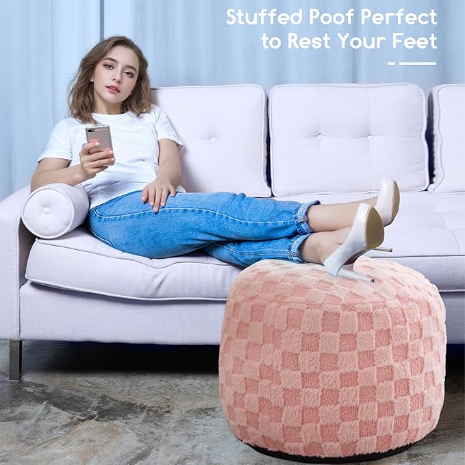 HIGOGOGO Round Stuffed Pouf Ottoman, Plaid Poufs with Foam Chunk Filling, Fluffy and Furry Pouf Foot Stool Storage Ottoman, 26 X 18 Floor Poufs Foot Rest for Living Room, Pink