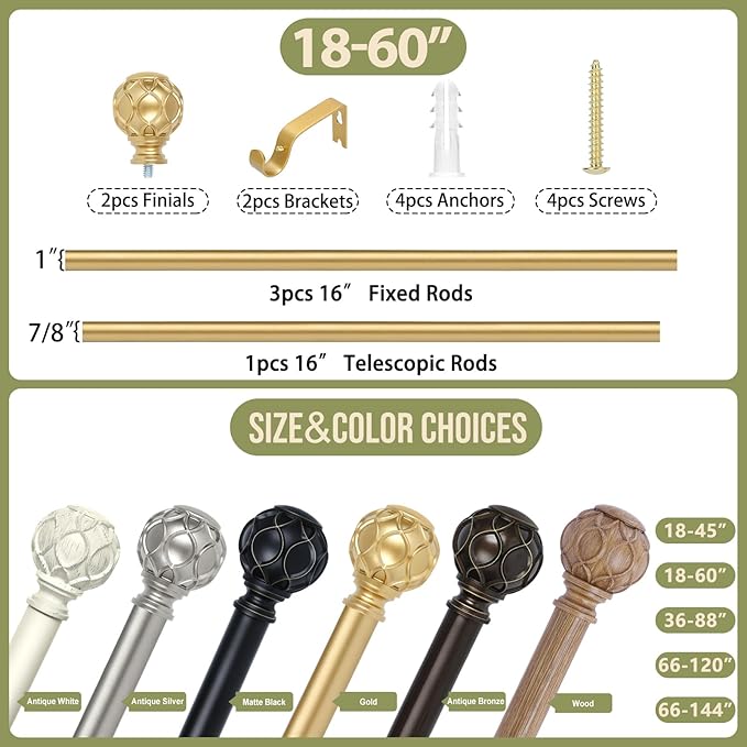 Gold Adjustable Curtain Rods for Windows:18-60 Inch Farmhouse Heavy Duty Curtain Rod for Bedroom Living Room,Boho Decorative Rustic Drapery Rods with Vintage Coastal Texture Finial,Brass Gold