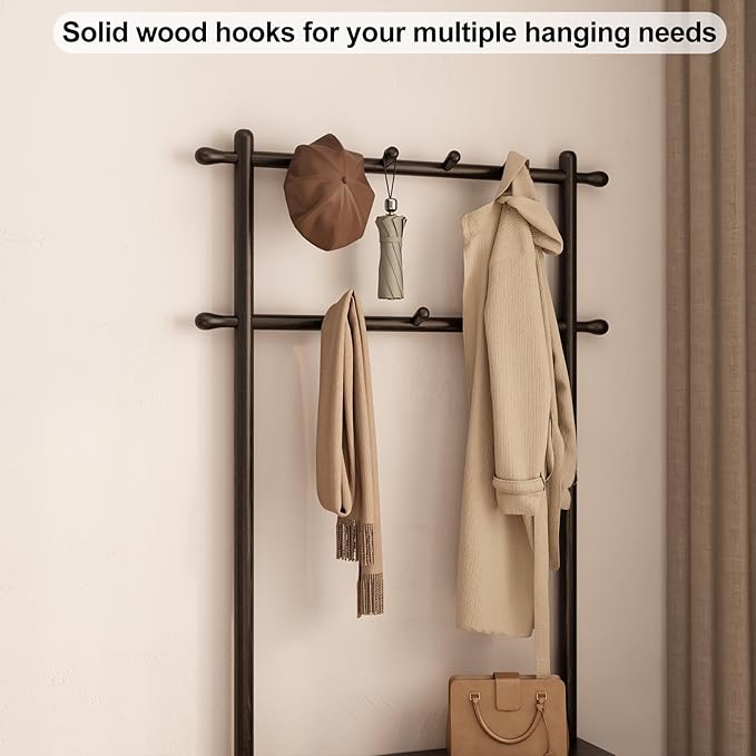 Coat Rack with Shoe Storage, Wooden Hall Tree with Bench, 11 Hooks and 2-Tier Storage Shelves, 3-in-1, Entryway Bench with Coat Rack (31.5"-Deep Black)