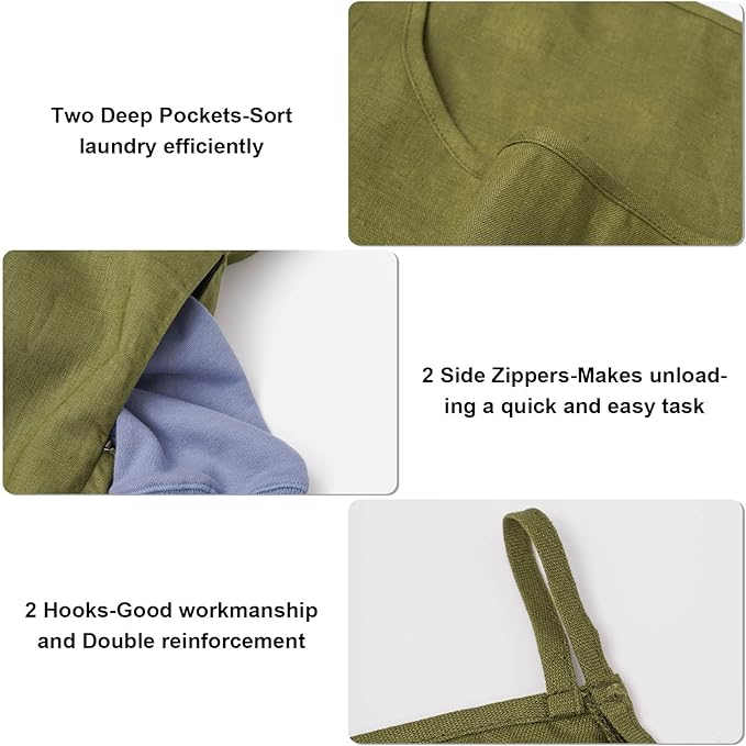 100% Pure Linen Dual Hanging Laundry Bag with 2 Deep Pocket and 2 Side Zipper 20x27in, Over The Door Laundry Hamper Space Saving Hampers for Dirty Clothes Home Travel, Green