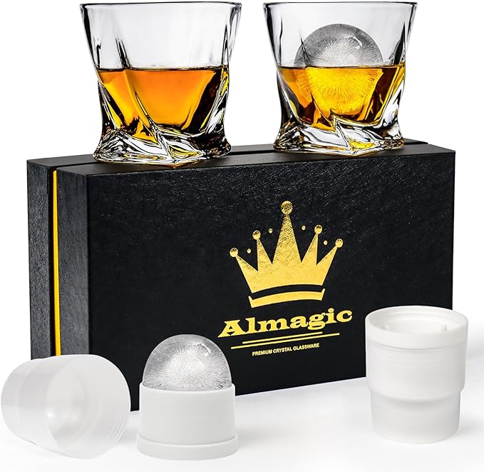 Crystal Whiskey Glasses Set of 2 with Ice Ball Molds, 11 Oz Old Fashioned Glasses Packaged in Giftable Box, Twisted Style Bourbon Glasses Gifts for Men, Stylish Whiskey Glasses Set