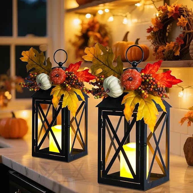 Fall Decor Lantern for Home, Large Decorative Lanterns Outdoor Waterproof 12" Battery Powered Decorative Lanterns Metal Hanging LED Candle Holder, Flameless Candle Lantern for Indoor 2 Packs