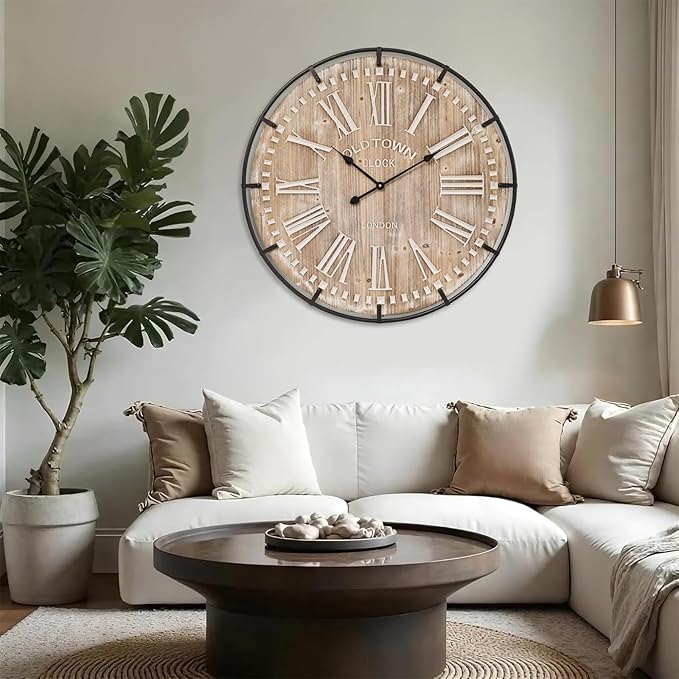 Farmhouse Wall Clock 30 Inch - Rustic Wood Metal Decor, Silent Sweep, Battery Operated for Living Room Kitchen Office, Brown
