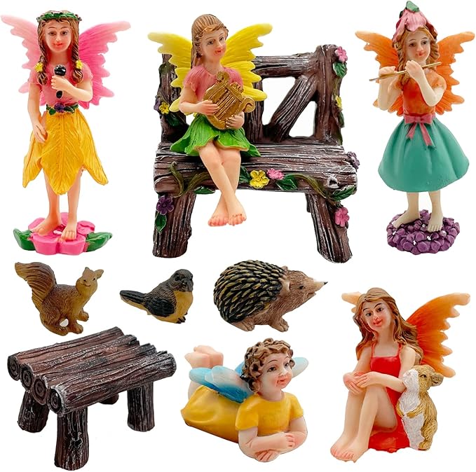 Fairies Set of 10 Pcs Miniature Garden Figurines - Outdoor Decor Art for Fall Winter, Outdoor Statue for Patio, Lawn, Yard Decoration