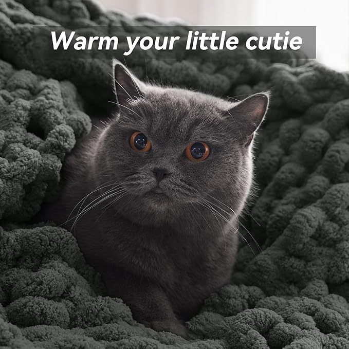 Chunky Knit Throw Blanket, 30''*40'' Knitted Throw Chenille Yarn for Bed Couch, Handmade Dark Grey Crochet Big Thick Blanket, Machine Washable Cute Comfy Blanket for Home Decor