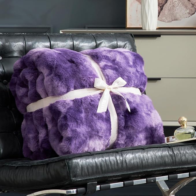 Cozy Bliss Faux Fur Throw Blanket for Couch, Fuzzy Soft Plush Thick Bubble Blanket for Sofa Bedroom Living Room, 50 * 60 Inches Tie-dye Purple
