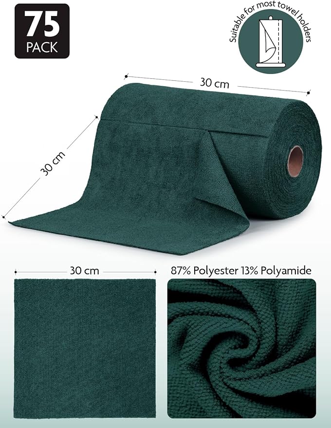 Fantasticlean Microfiber Cleaning Cloth Roll -75 Pack, Tear Away Microfiber Towels, 12" x 12", Reusable, Washable, Scratch Free, Ultra Absorbent Dish Rags for Car, Home, Garage or Shop (Forest Green)