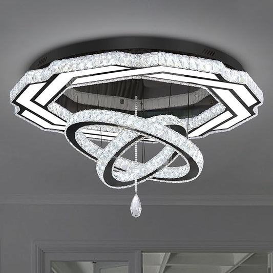 Flashing God Large Crystal Chandelier Dia 48" Black Chandelier Flush Mount Ceiling Light for Bedroom Living Room Dining Room Hallway Dimmable 3 Rings LED Celing Lighting Fixtures