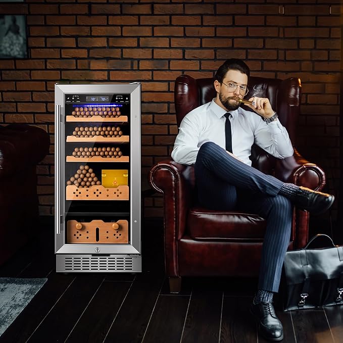 Electric Cigar Humidor,15 Inch Upgraded Large Capacity Electric Cigar Cabinet with Powerful Compressor, Digital LED Screen, Safety Lock,Smart Temperature Control,Father's Day Gift for Men