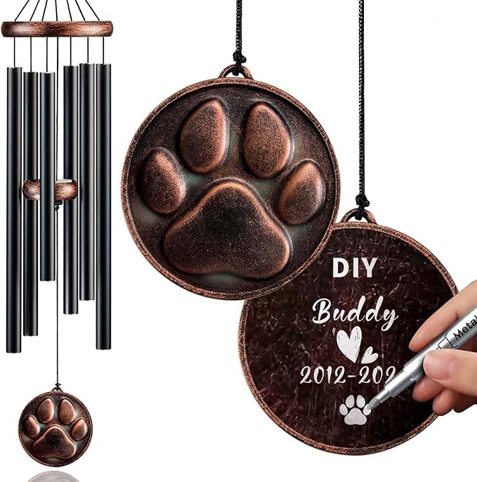 Dog Memorial Gifts, 34" Pet Memorial Wind Chimes for Loss of Dogs, Pet Loss Passing Away Remembrance Sympathy Bereavement Gift, DogPaw Vintage Wind Chime for Outside (DIY 34" Pet Memorial)