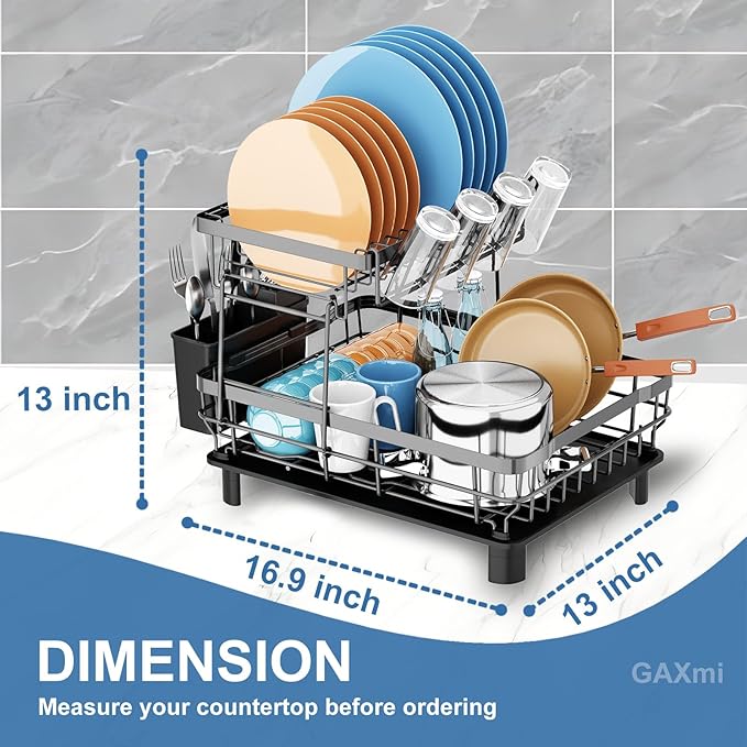 GAXmi Dish Drying Rack Over The Sink Dish Drainer with Drainboard Utensil Holder Cup Holder, 2-Tier Grey