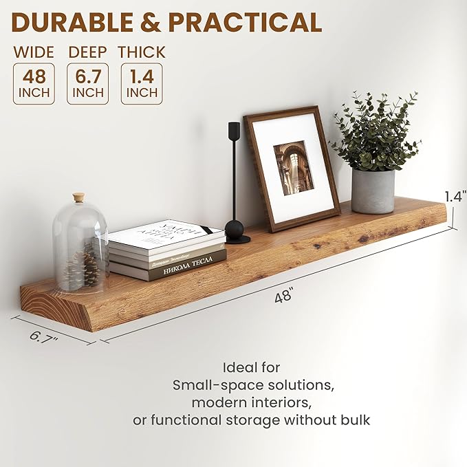 Fun Memories 48" Floating Shelves for Wall, Live Edge Solid Elm Wood Floating Shelf with Invisible Bracket, Wall Mounted Display Wooden Shelves for Bathroom, Kitchen, Bedroom, Natural Color, Set of 1