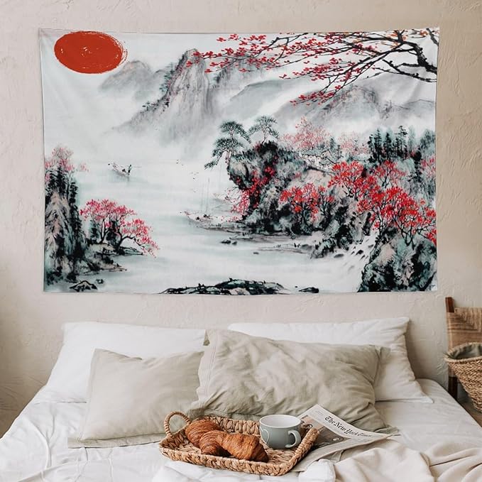 Cherry Blossoms Tapestry,Japanese Red Landscape Asian Watercolor Abstract Art Tapestry, Asian Japanese Wall Tapestry, Nature Landscape Tapestries for Bedroom Living Room Decor 60"x40"
