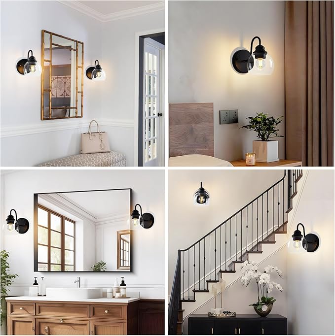 Farmhouse Gooseneck Wall Sconces Set of Two, Bathroom Vintage Black Vanity Light, Rustic Indoor Wall Light Fixtures with Clear Glass for Bathroom Beside Mirror Living Room Hallway