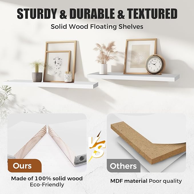Floating Wall Shelves 2-Pack - 24-Inch Rustic White Wooden Shelves for Storage and Décor, Easy Installation for Living Room, Bedroom, and Kitchen
