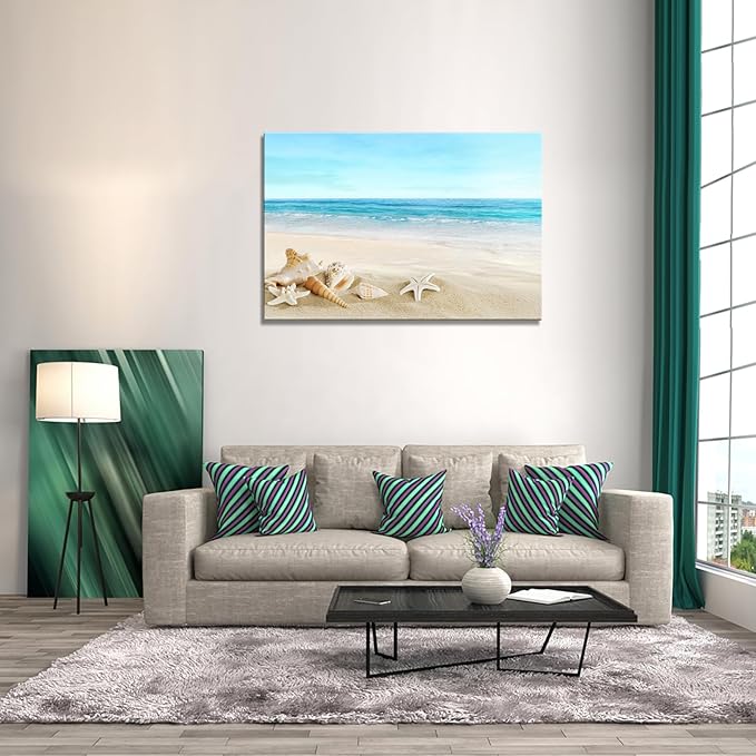 DZL Art S73981 Beach Picture Decor Ocean Painting Canvas Wall Art Prints of Starfish and Seashell on Sandy Seaside Ready to Hang for Living Room Bedroom Office Wall Decor Home Decoration
