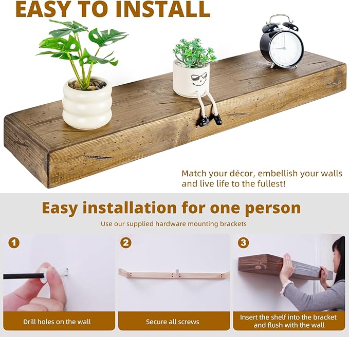 Floating Shelves 3 inch Thick for Wall Set of 2,Solid Pine Wood Wall Mount Shelf for Kitchen Living Room Bedroom Bathroom,8" D x 36" L x 3" H-Distressed Black Walnut