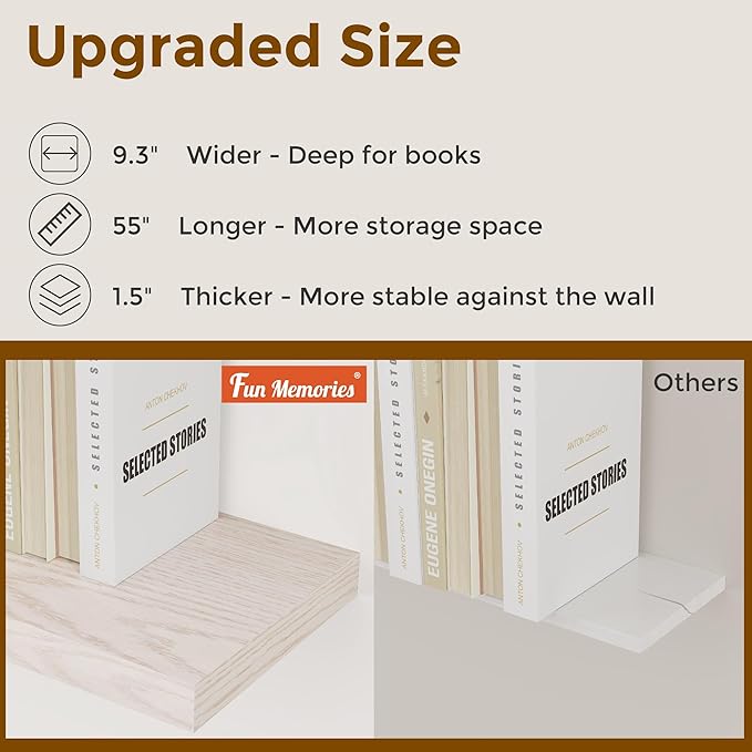 Floating Shelves 55 Inch Long, 55"W x 9"D Wall Shelf Invisible Bracket, 9 Inch Deep Floating Shelf for Wall, Rustic Wooden Shelves for Living Room, Kitchem, Bedroom, Brich Color, Set of 1