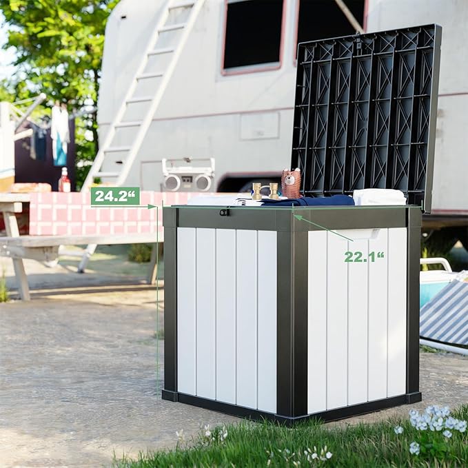 DRATO 50 Gallon Deck Box, Outdoor Storage Box for Patio Cushion, Sports Equipment, Garden Tools, Waterproof Patio Storage box, Lockable (Black and White)