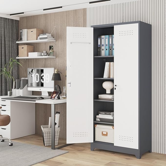 Garage Storage Cabinet,Broom Closet with Lock,Locking Cabinets with Hanging Rod & S-Hooks for School,Garage,Grey-White