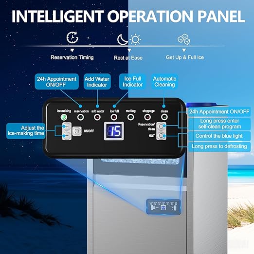 Commercial Ice Maker Machine, 150Lbs/24H with 45Lbs Storage, Fast Ice Making in 8-15Mins, Stainless Steel Under Counter or Freestanding Ice Machine for Home, Party, Office - 2 Water Inlet Modes